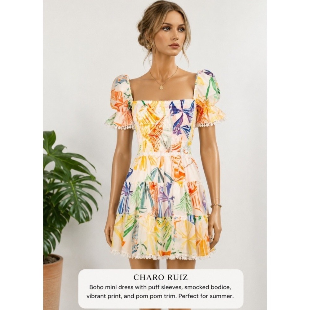 Charo Ruiz White Mini Dress with Multicolor Floral Print
